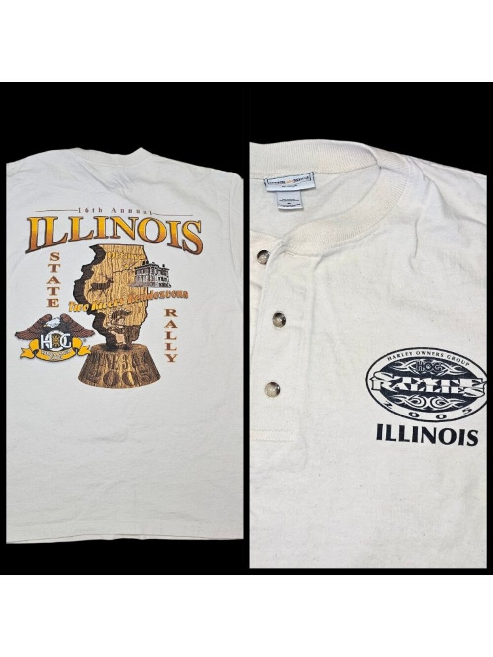 VTG Harley Davidson Illinois Hog Rallies Henley Shirt Cream Sz M 2005 Cotton